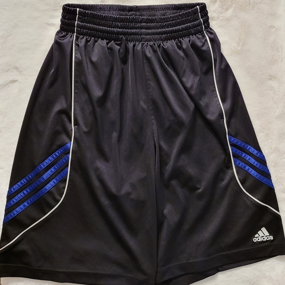 Adidas Vintage 2013 Men's Athletic 3-Stripe Satiny Black Shorts Blue Stripes